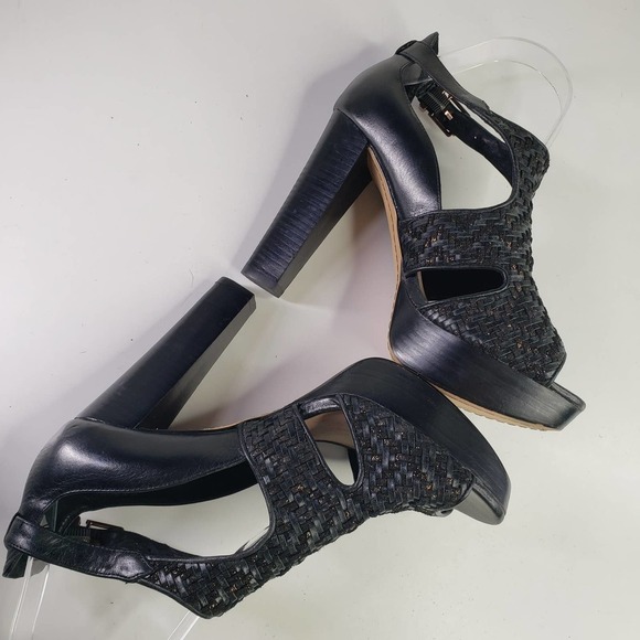 Elliot Lucca Bernadette Woven Leather T-Strap Heel 7.5 Black Sandal Ankle Buckle - Picture 5 of 13